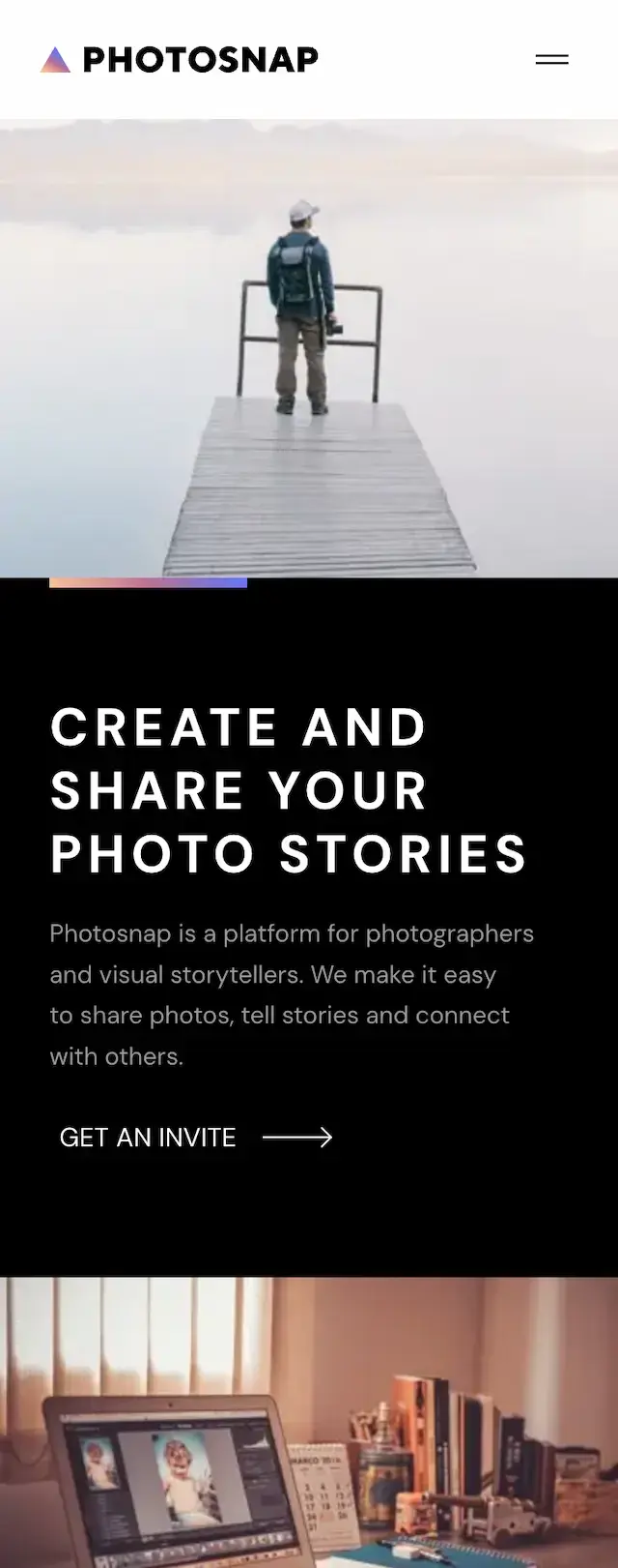 screen shot of the homepage of photosnap website