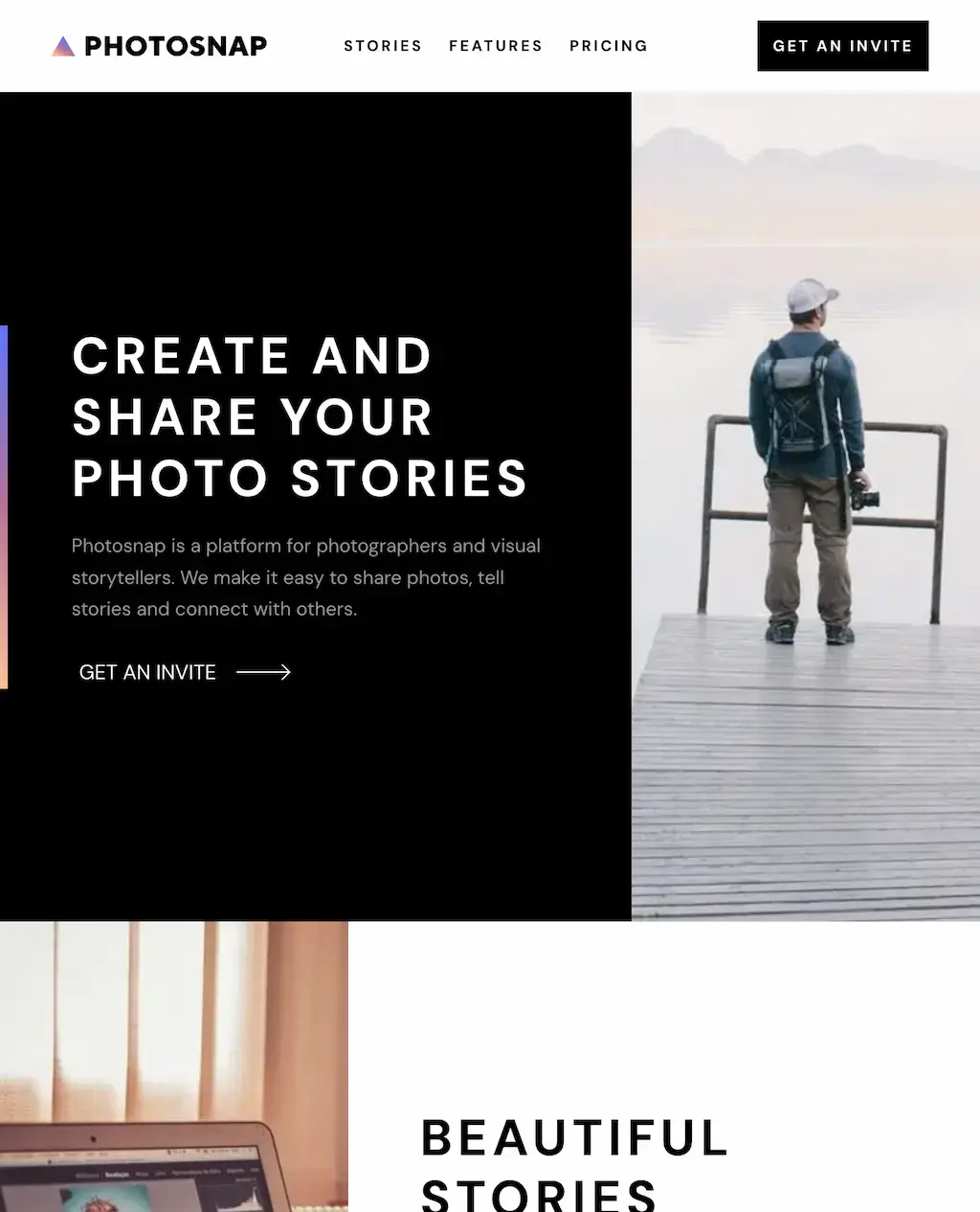 screen shot of the homepage of photosnap website