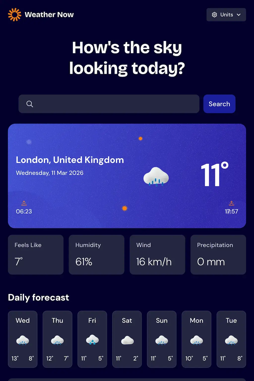screen shot of weather app project